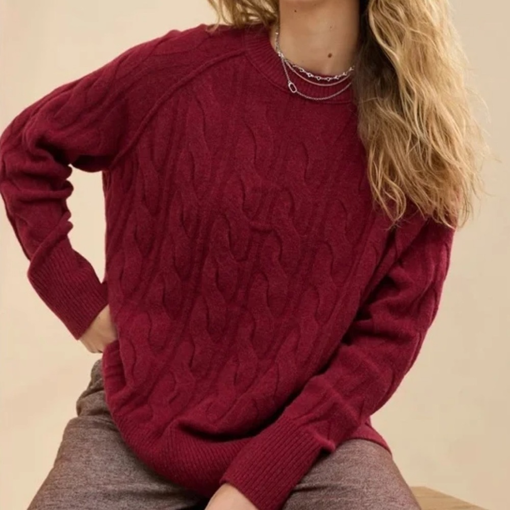Aerie unREAL Cable Crew Sweater Cherry Tart Dark Red Burgundy Maroon